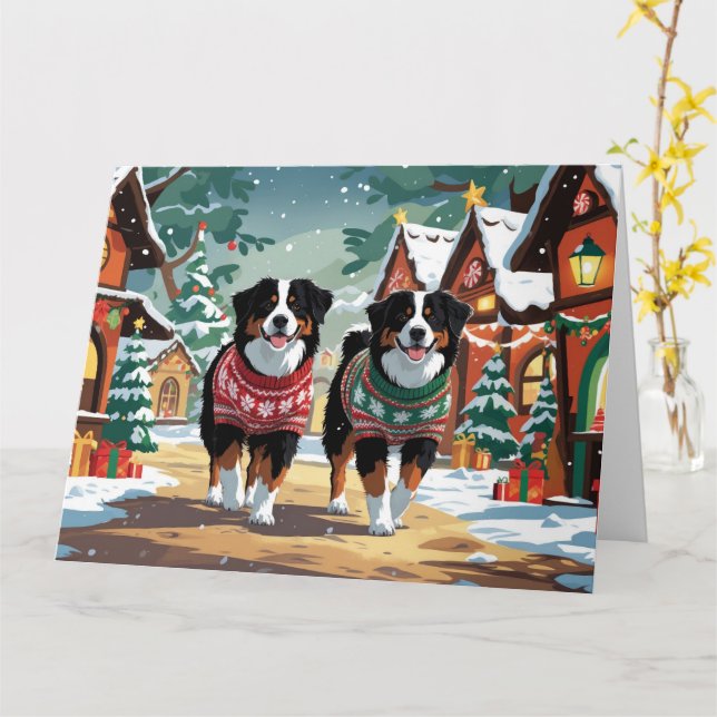 Cartão Bernese Mountain Dogs Feriado de Natal (Flor Amarela)