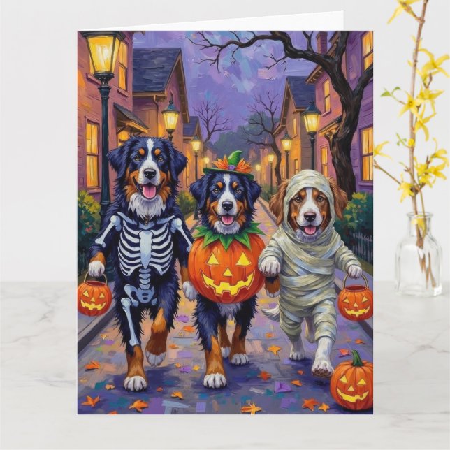 Cartão Bernese Mountain Pedindo Doces no Halloween  (Flor Amarela)
