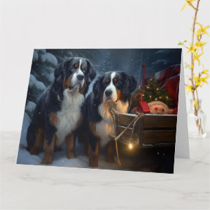Cartão Bernese Mountain Snowy Sleigh Decência de Natal