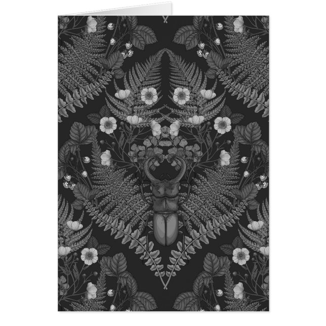 Cartão Besouro e samambaias, a preto e branco (Frente)