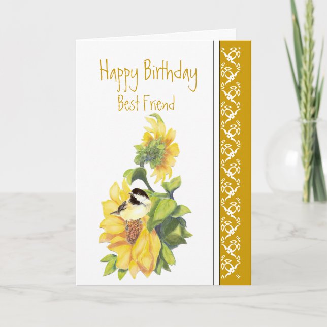 Cartão Best Friend Birthday Poem Chickadee & Sunflowers C (Frente)