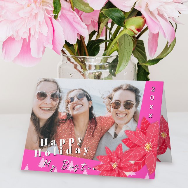 Cartão Best Friends Poinsettia Happy Holiday Photo Pink (Criador carregado)