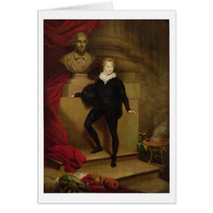 Cartão Betty mestra como Hamlet antes de um busto de