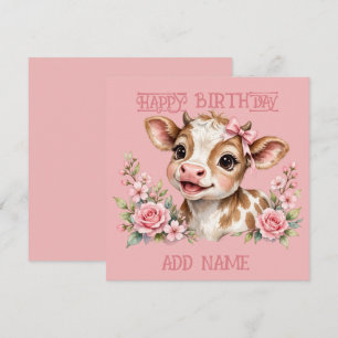 Cartão Bezerra Feminina: Bebê Animal Laço e Flores Pastel
