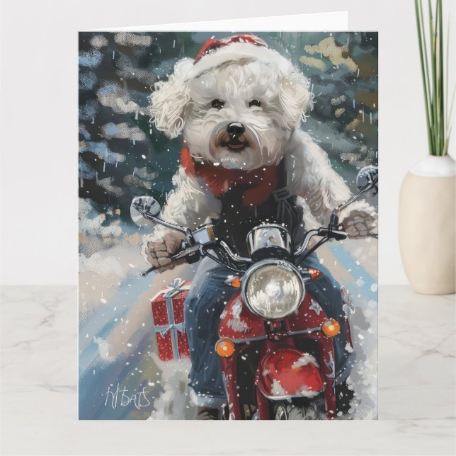 Cartão Bichon Frise Dog Andando Moto Natal (Frente)