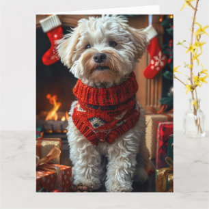 Cartão Bichon Frise Dog com Lareira de presentes de Natal