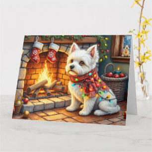 Cartão Bichon Frise Lareira com Luzes de Natal