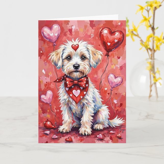 Cartão Bichon Frise Valentine’s Day Dog with Hearts Red (Flor Amarela)