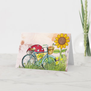 Cartão Bicicleta Azul Amarelo Cogumelos Sunflower Pink