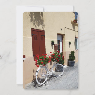 Cartão Bicicleta com Flores Vermelhas na Rua Europeia