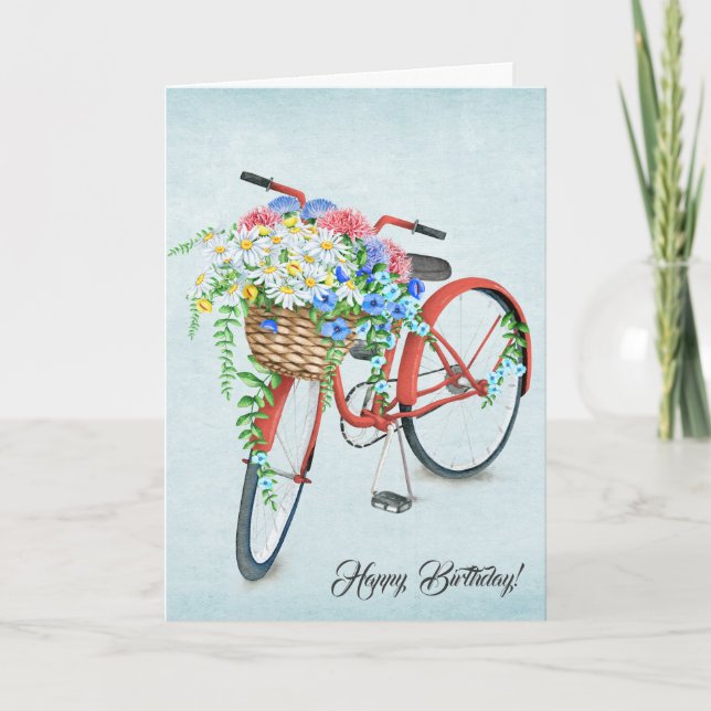 Cartão Bicicleta de aniversário com buquê de flores (Frente)