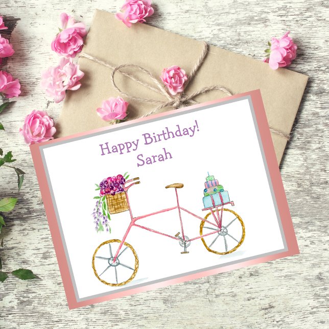 Cartão Bicicleta De Aniversário Com Flores E Bolo (Whimsical delight: Bicycle, flowers, cake. Perfect for sending birthday cheer!)