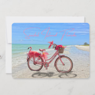 Cartão Bicicleta de Flamingo Rosa Fofa na Praia da Ilha S