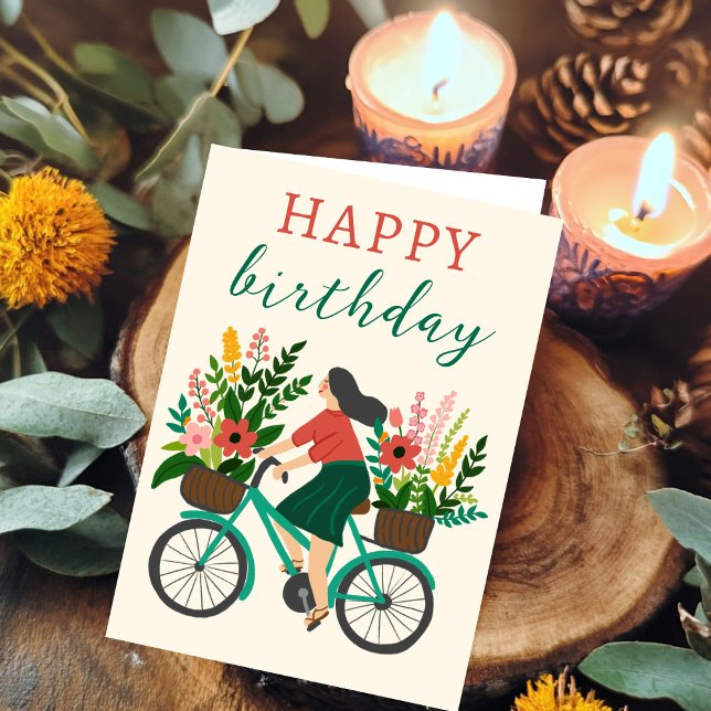 Cartão Bicicleta Marinha com Flores Feliz Aniversário (Cute Girl Riding Bicycle w Flowers Happy Birthday Card
)