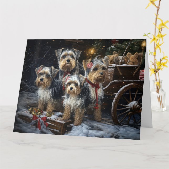 Cartão Biewer Terrier Snowy Sleigh Decor de Natal (Flor Amarela)