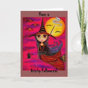 Cartão Big Eye Halloween Witch Girl in Stripes Black Cat