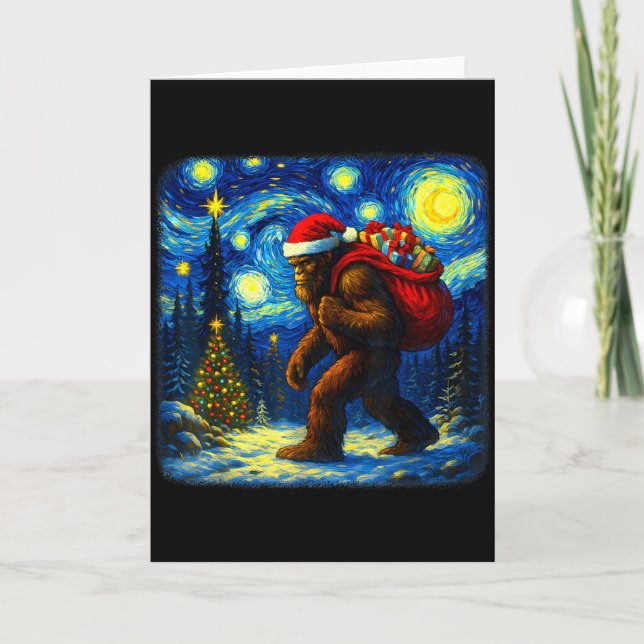 Cartão Bigfoot Santa Christmas Starry Night Sasquatch Van (Frente)