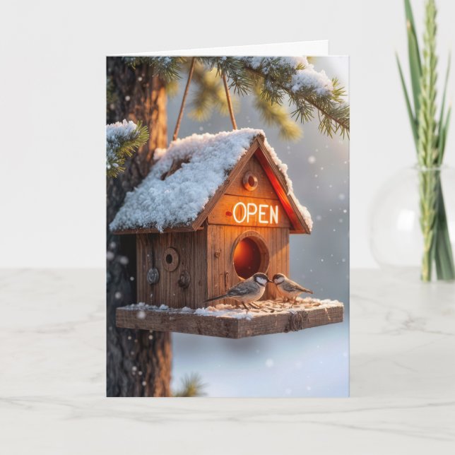 Cartão Birdhouse de Aniversário com Neon Open Sign (Frente)