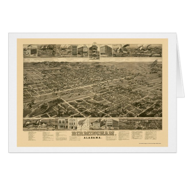 Cartão Birmingham, mapa panorâmico do AL - 1885 (Frente Horizontal)