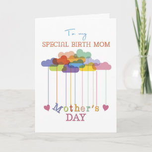 Cartão Birth Mom, Cute Mother's Day Rainbow Clouds Hearts