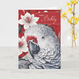 Cartão Birthday African Grey Parrot Red and White Lilies