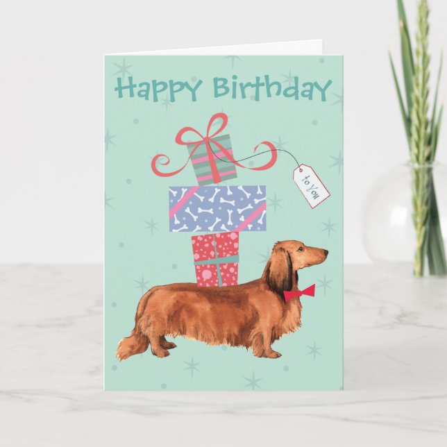 Cartão Birthday apresenta Longhaired Dachshund (Frente)