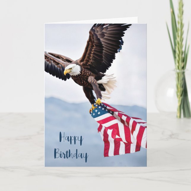 Cartão Birthday Bald Eagle com Bandeira Americana (Frente)