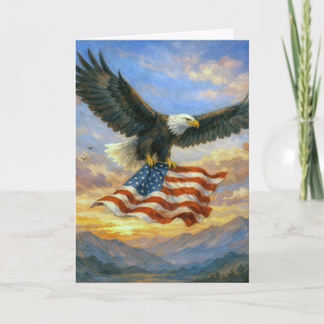 Cartão Birthday Bald Eagle With American Flag (Frente)