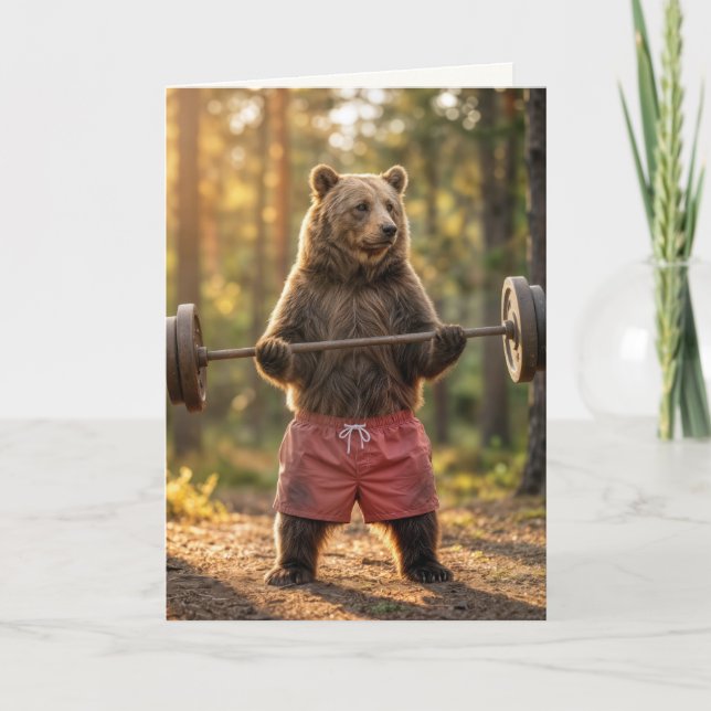 Cartão Birthday Bear Lifting Weights In a Sunny Forest (Frente)