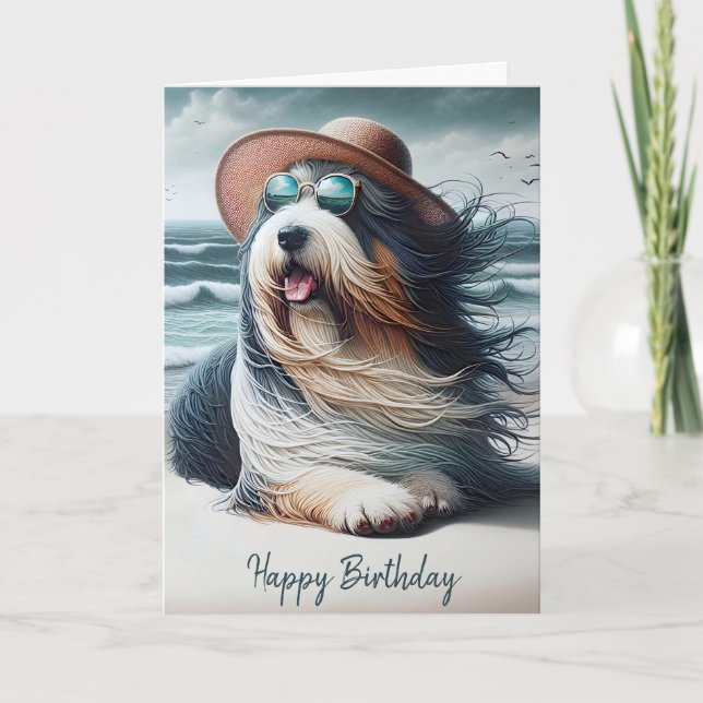 Cartão Birthday Bearded Collie Na Praia (Frente)