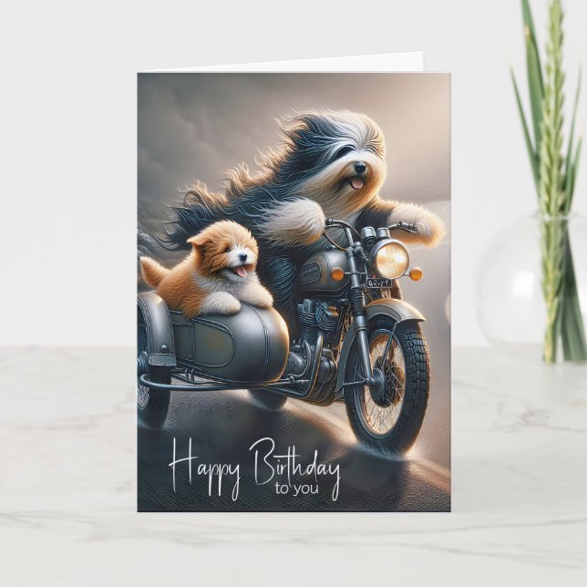 Cartão Birthday Beared Collie Em Moto (Frente)