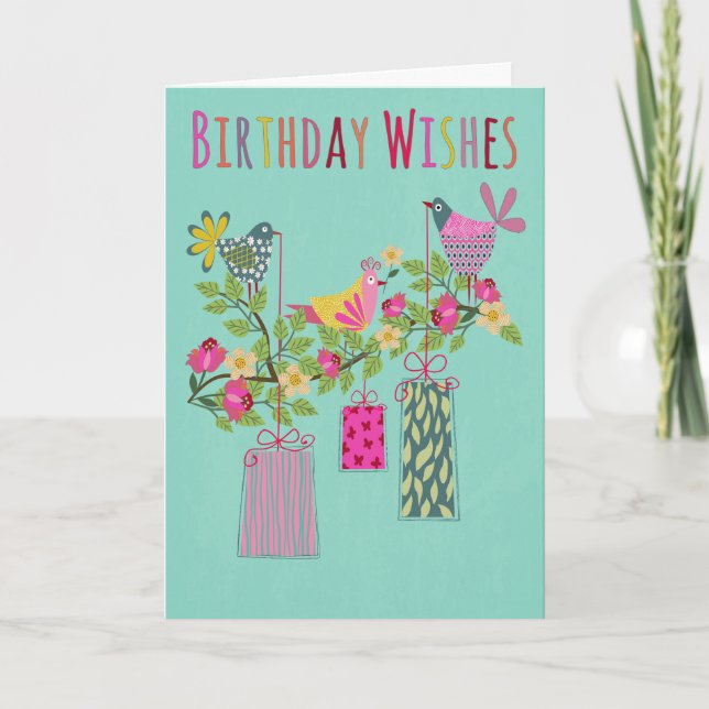 Cartão Birthday Birds with Presents on a Branch (Frente)