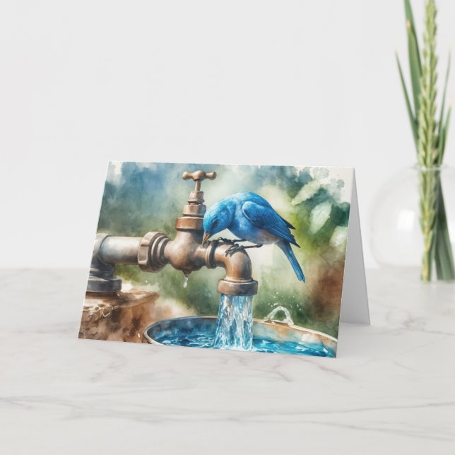 Cartão Birthday Bluebird em uma torneira retrô (Frente)