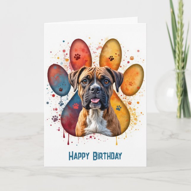 Cartão Birthday Boxer Dog Ina Pawprint Design (Frente)