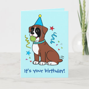 Cartão Birthday Boxer Puppy com Tennisball
