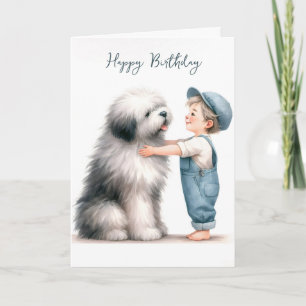Cartão Birthday Boy Hugging Dog Watercolor