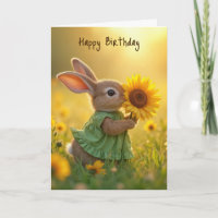 Birthday Bunny cheirando um girassol amarelo