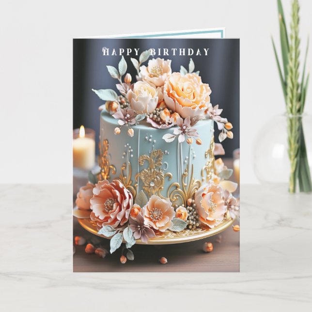 Cartão Birthday Cake Light Blue Peach Dourado Filigre (Frente)