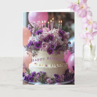 Cartão Birthday Cake Purple Pansies Hydrangea Birthday