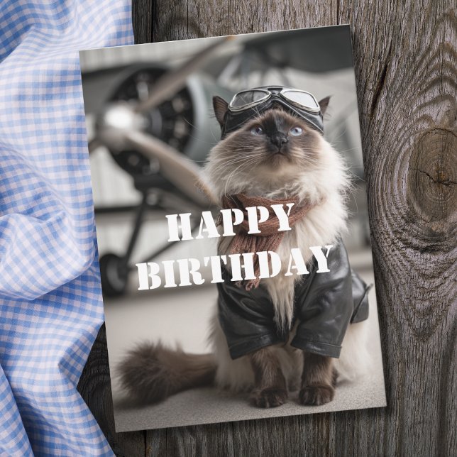 Cartão Birthday Cat Pilot Airplane Cool Funny Aviation (Criador carregado)