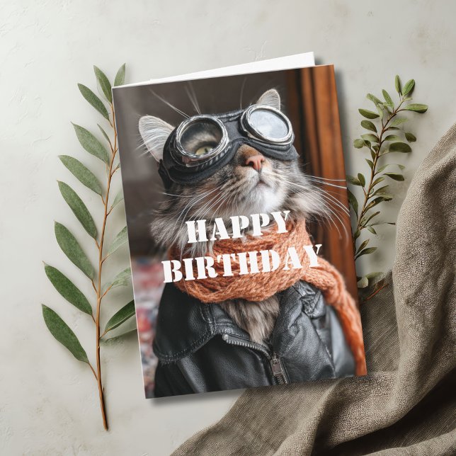 Cartão Birthday Cat Pilot Aviator Cool Funny Aviation (Criador carregado)