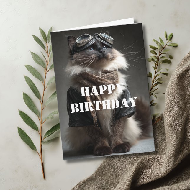 Cartão Birthday Cat Pilot Aviator Cool Funny Aviation (Criador carregado)