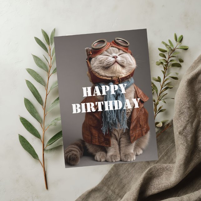 Cartão Birthday Cat Pilot Aviator Cool Funny Aviation (Criador carregado)