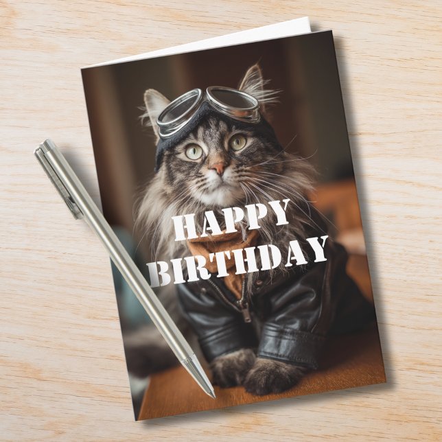 Cartão Birthday Cat Pilot Aviator Cool Funny Aviation (Criador carregado)