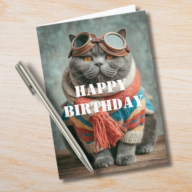 Cartão Birthday Cat Pilot Aviator Cool Funny Aviation (Criador carregado)