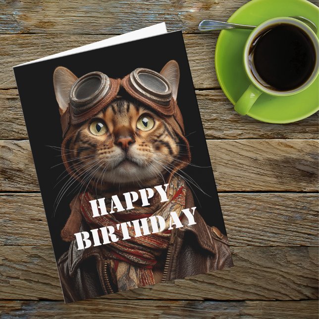 Cartão Birthday Cat Pilot Aviator Cool Funny Aviation (Criador carregado)