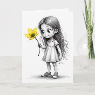 Cartão Birthday Chibi Child Com Flor Amarelo