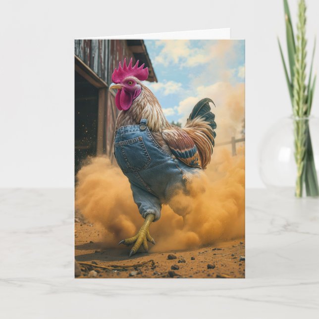 Cartão Birthday Farmer Rooster Kicking Up Dust (Frente)