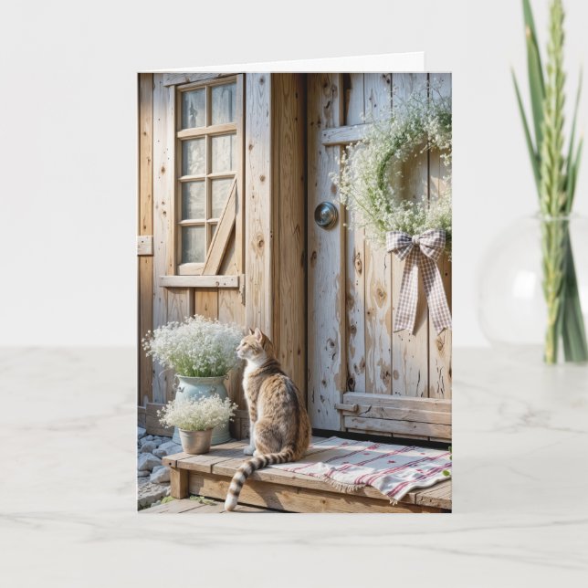 Cartão Birthday Farmhouse Cat With Baby's Breath Wreath (Frente)