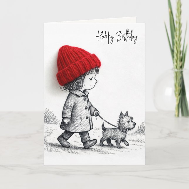 Cartão Birthday Girl Walking Her Dog (Frente)